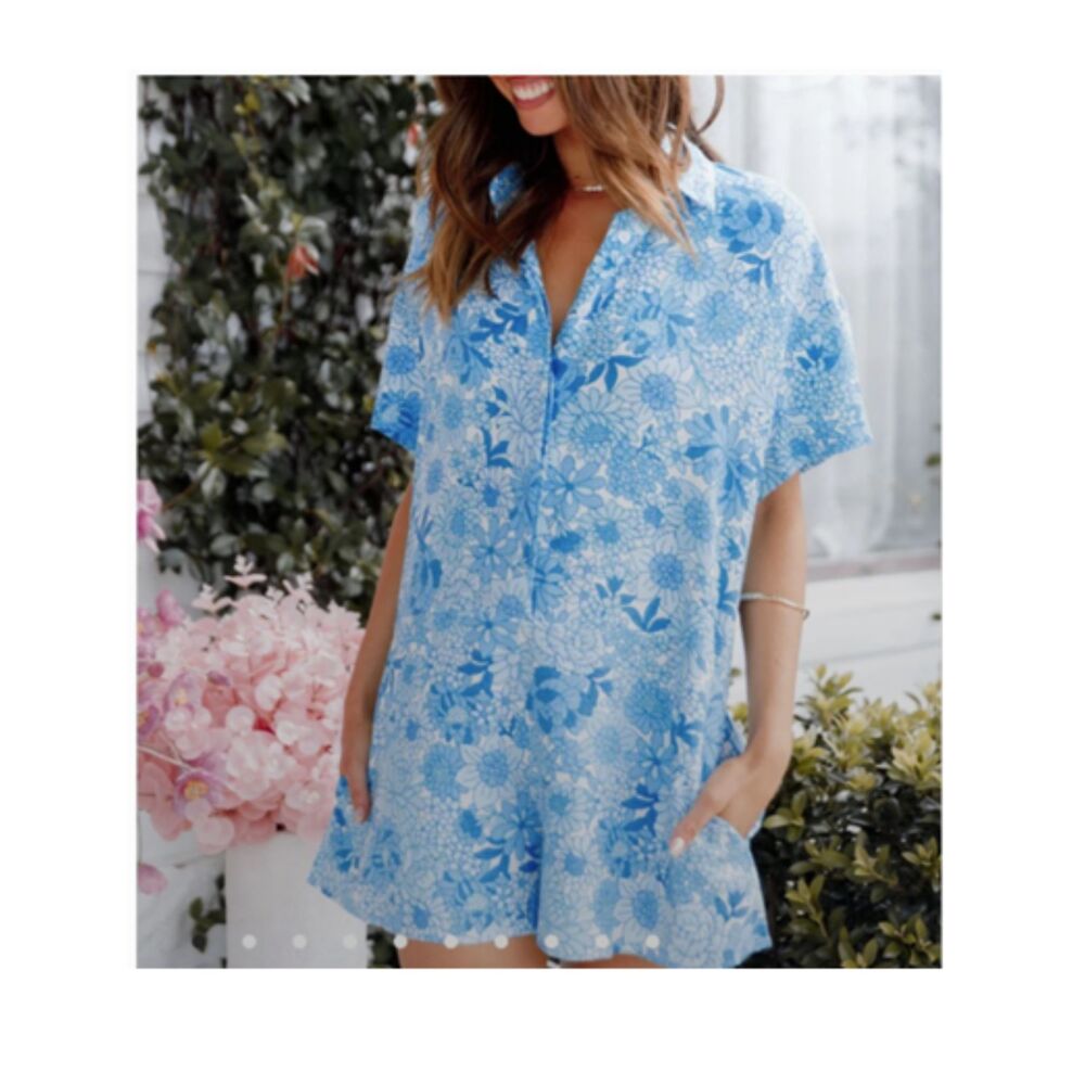 Petal & Pup Emily Blue Floral Linen Blend Romper XS